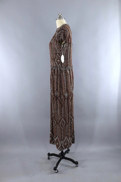 Vintage Pauline Trigere Glittered Formal Gown / Mocha Brown, Silver and Copper Glitter - ThisBlueBird