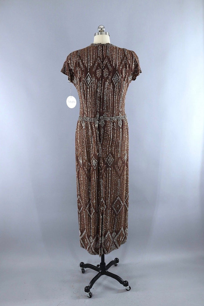 Vintage Pauline Trigere Glittered Formal Gown / Mocha Brown, Silver and Copper Glitter - ThisBlueBird
