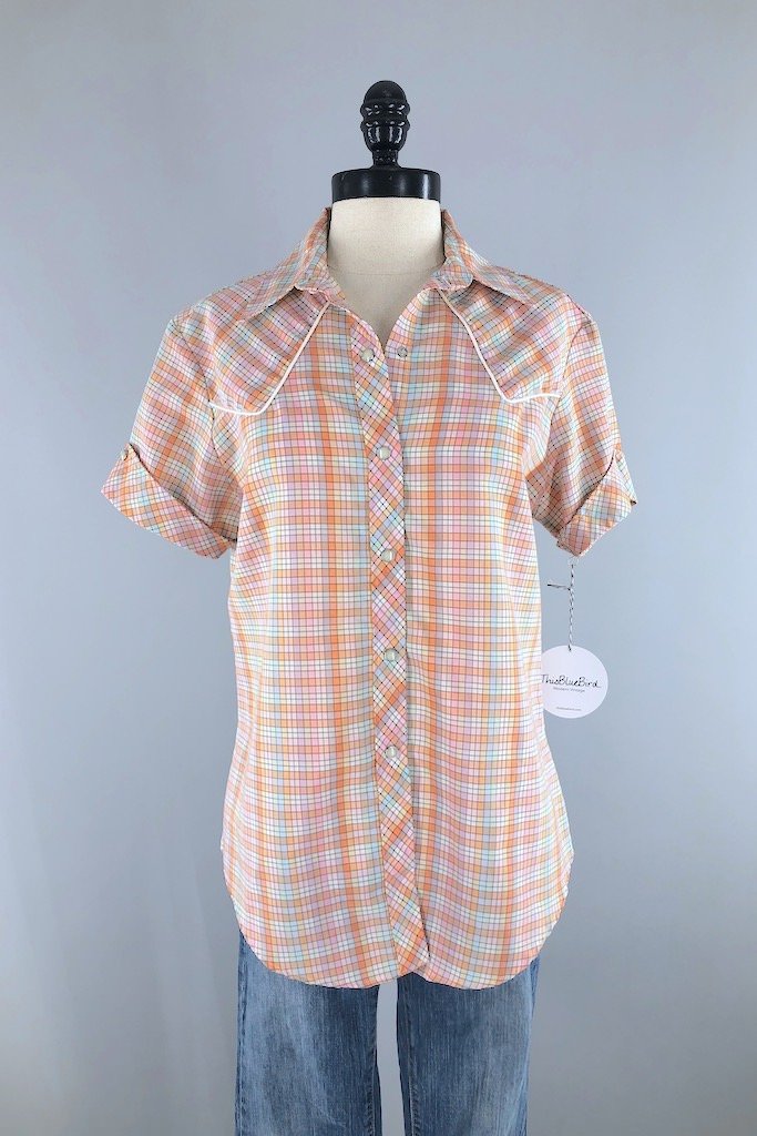 Vintage Peach Gingham Western Shirt-ThisBlueBird - Modern Vintage
