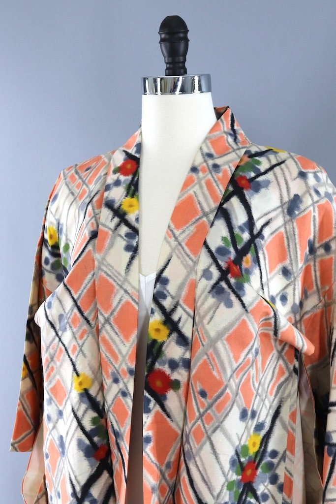Vintage Peach Ikat Silk Kimono Cardigan-ThisBlueBird - Modern Vintage