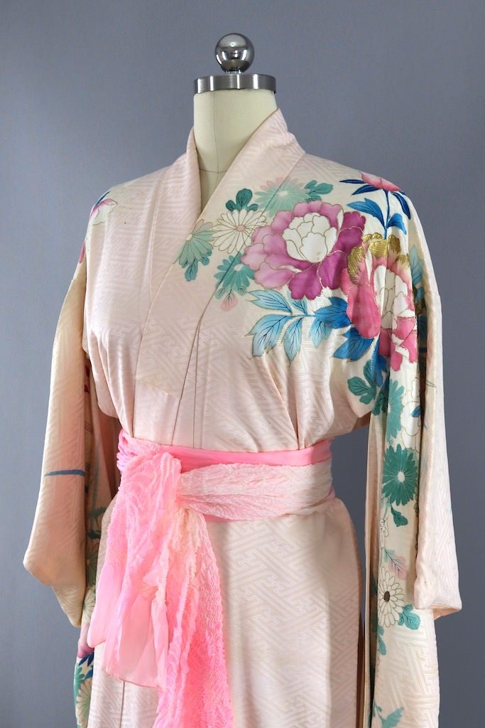 Vintage Pink Embroidered Birds Silk Kimono Robe-ThisBlueBird - Modern Vintage