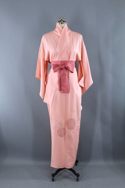 Vintage Pink Embroidered Cut Work Silk Kimono-ThisBlueBird - Modern Vintage
