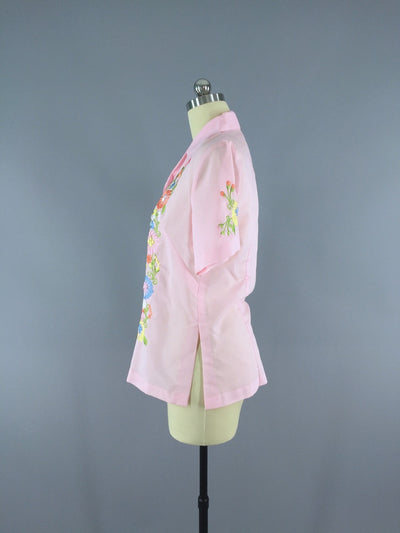 Vintage Pink Embroidered Floral Guayabera Shirt - ThisBlueBird