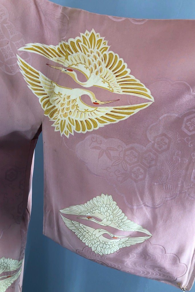 Vintage Pink Flying Cranes Silk Kimono Cardigan-ThisBlueBird - Modern Vintage