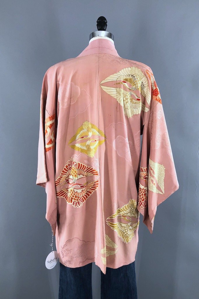 Vintage Pink Flying Cranes Silk Kimono Cardigan-ThisBlueBird - Modern Vintage