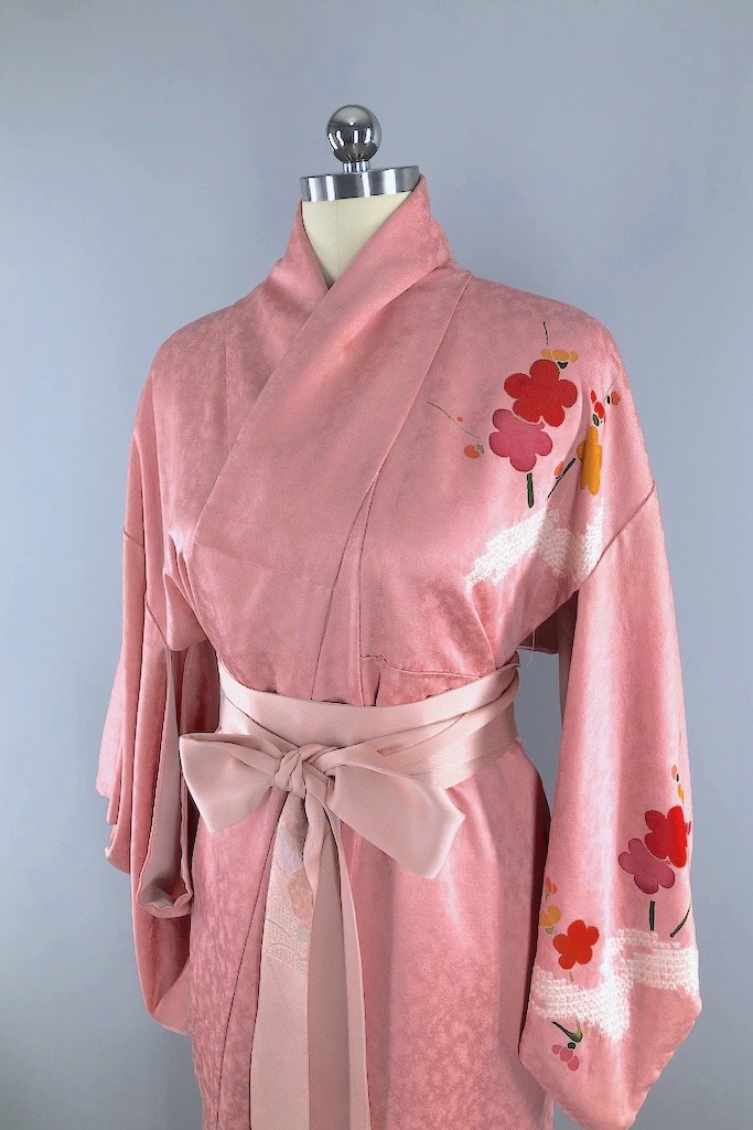 Vintage Pink & Gold Floral Silk Kimono Robe-ThisBlueBird - Modern Vintage