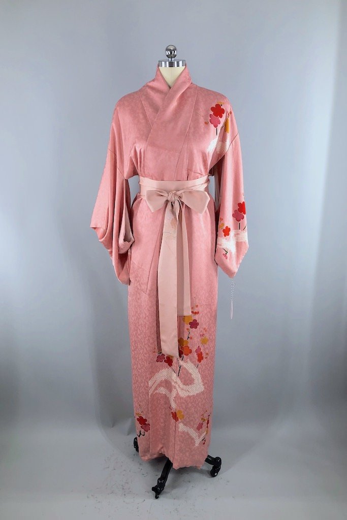 Vintage Pink &amp; Gold Floral Silk Kimono Robe-ThisBlueBird - Modern Vintage