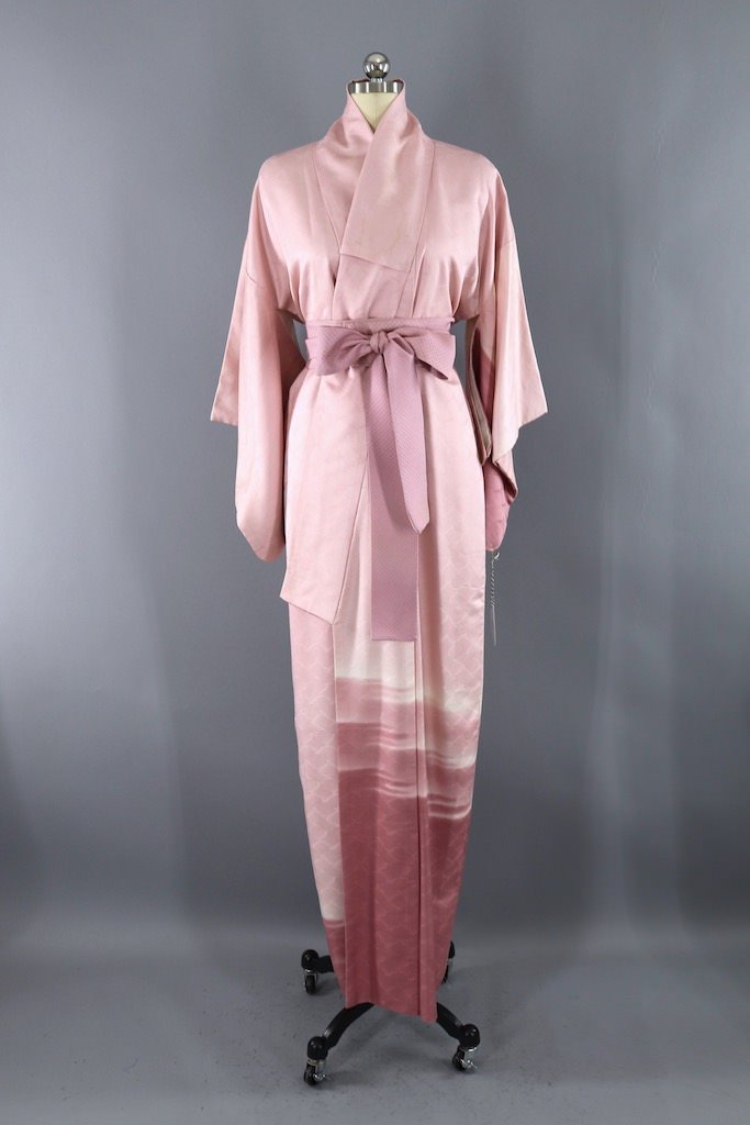 Vintage Pink Ombre Clouds Silk Kimono Robe-ThisBlueBird