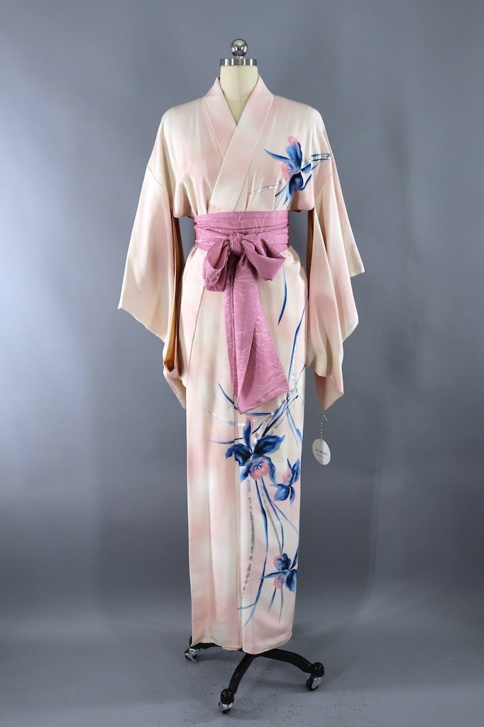 Vintage Pink Orchids Silk Kimono Robe-ThisBlueBird - Modern Vintage