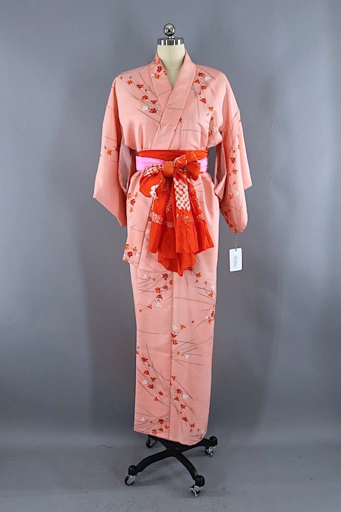Vintage Pink & Red Satin Floral Print Kimono Robe – ThisBlueBird