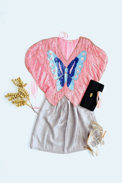 Vintage Pink Silk Sequined Butterfly Top-ThisBlueBird - Modern Vintage