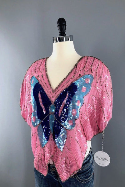 Vintage Pink Silk Sequined Butterfly Top-ThisBlueBird - Modern Vintage