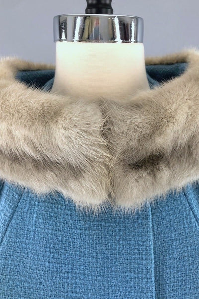 Vintage Powder Blue Coat with Grey Mink Fur Collar-ThisBlueBird - Modern Vintage