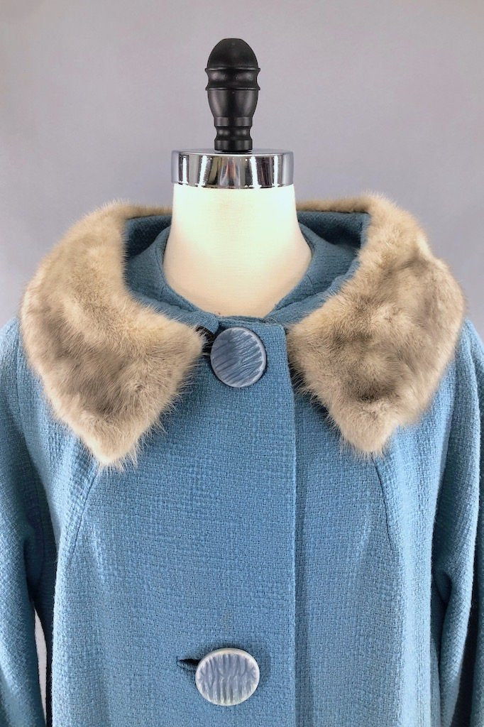 Vintage Powder Blue Coat with Grey Mink Fur Collar-ThisBlueBird - Modern Vintage