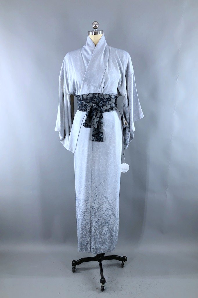 Vintage Powder Blue Ferns Silk Kimono Robe-ThisBlueBird - Modern Vintage