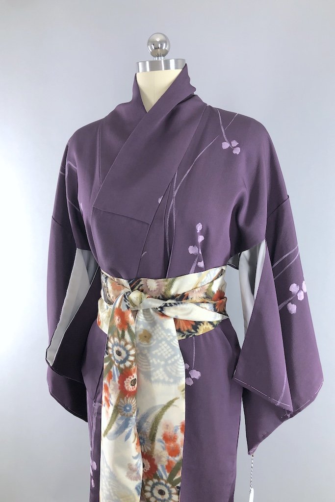 Vintage Purple Abstract Floral Silk Kimono Robe-ThisBlueBird - Modern Vintage