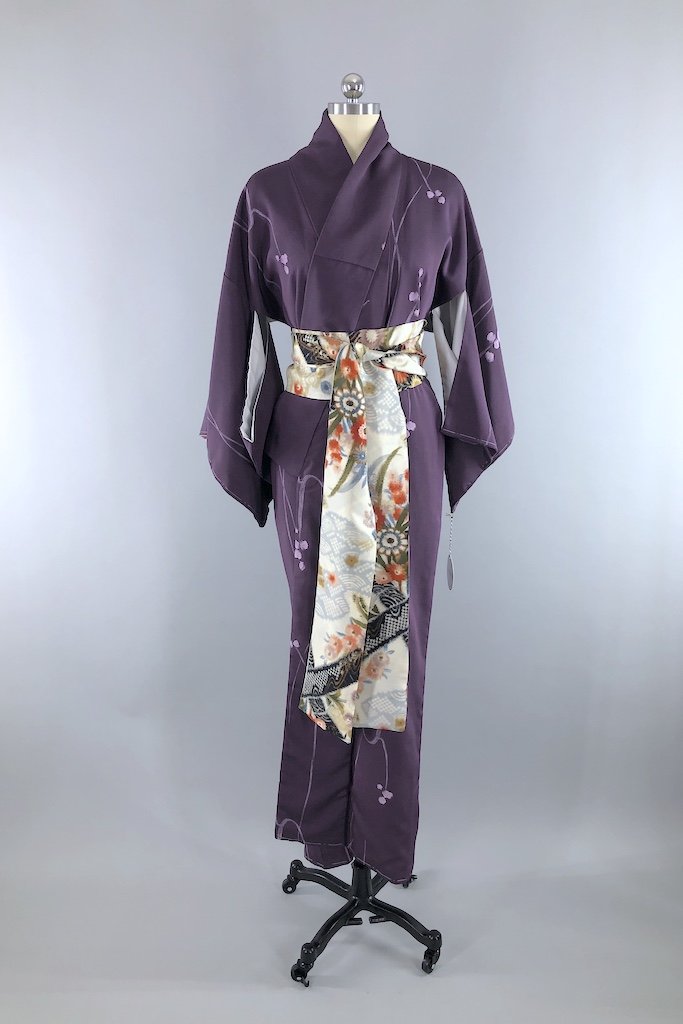 Vintage Purple Abstract Floral Silk Kimono Robe-ThisBlueBird - Modern Vintage