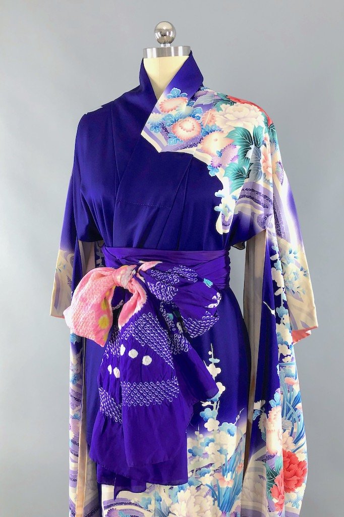 Vintage Purple &amp; Aqua Floral Print Kimono Robe-ThisBlueBird