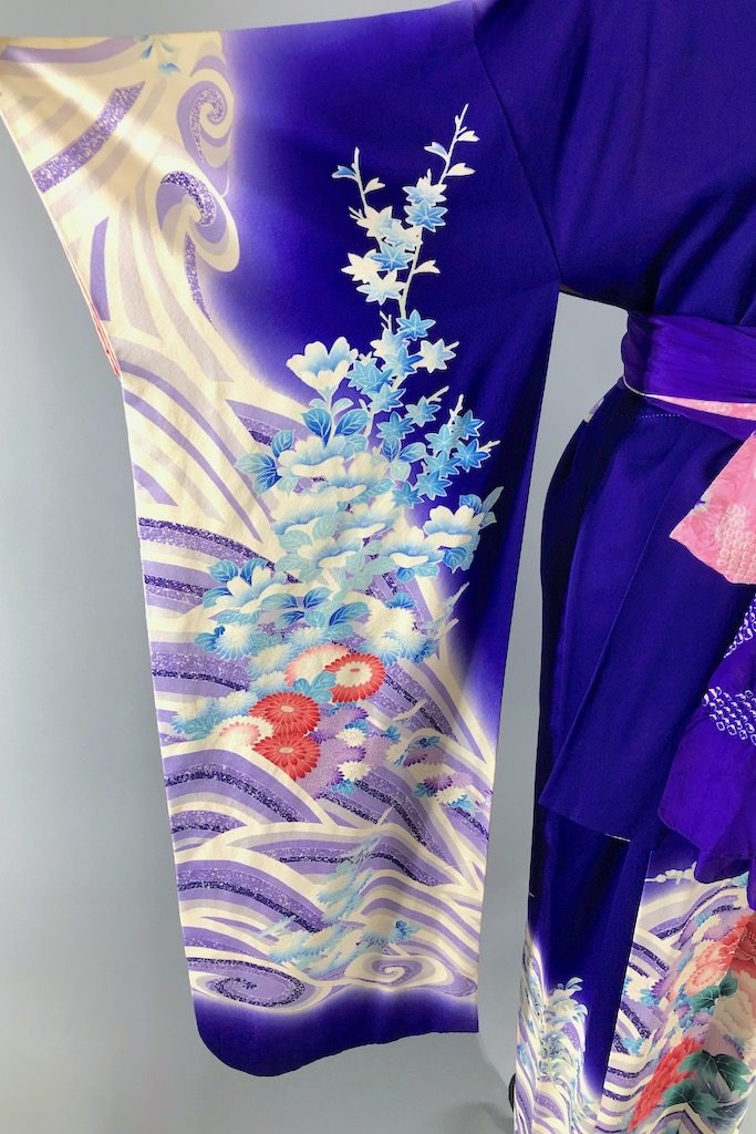 Vintage Purple &amp; Aqua Floral Print Kimono Robe-ThisBlueBird
