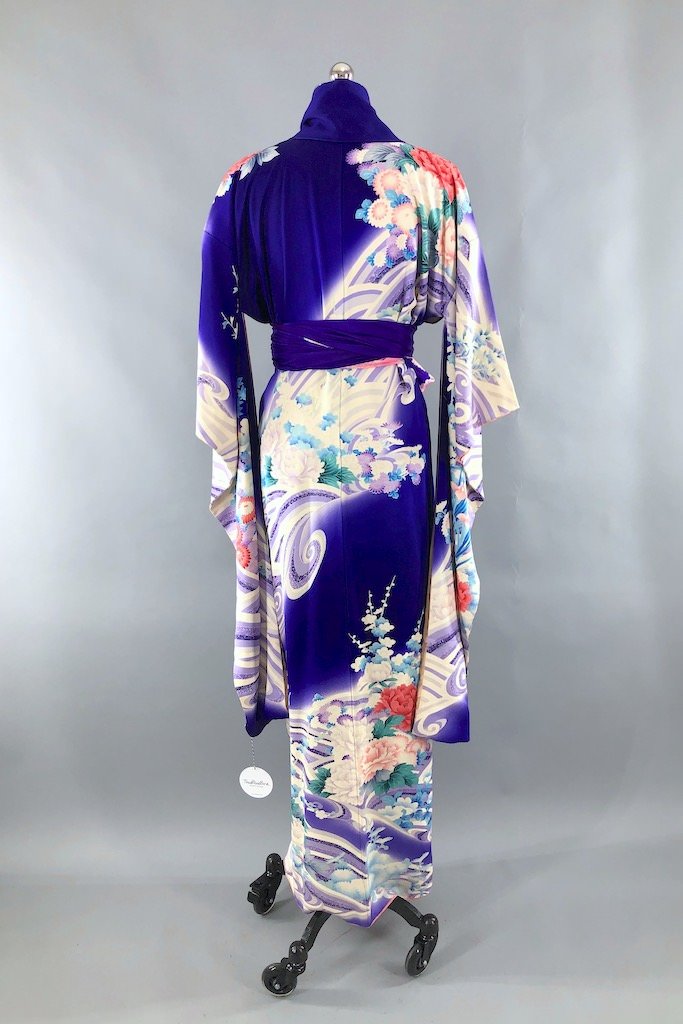 Vintage Purple &amp; Aqua Floral Print Kimono Robe-ThisBlueBird