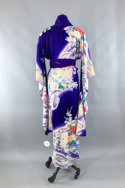 Vintage Purple & Aqua Floral Print Kimono Robe-ThisBlueBird
