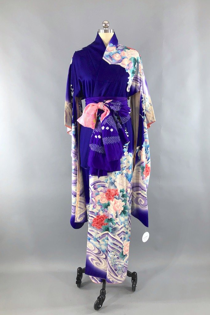 Vintage Purple &amp; Aqua Floral Print Kimono Robe-ThisBlueBird