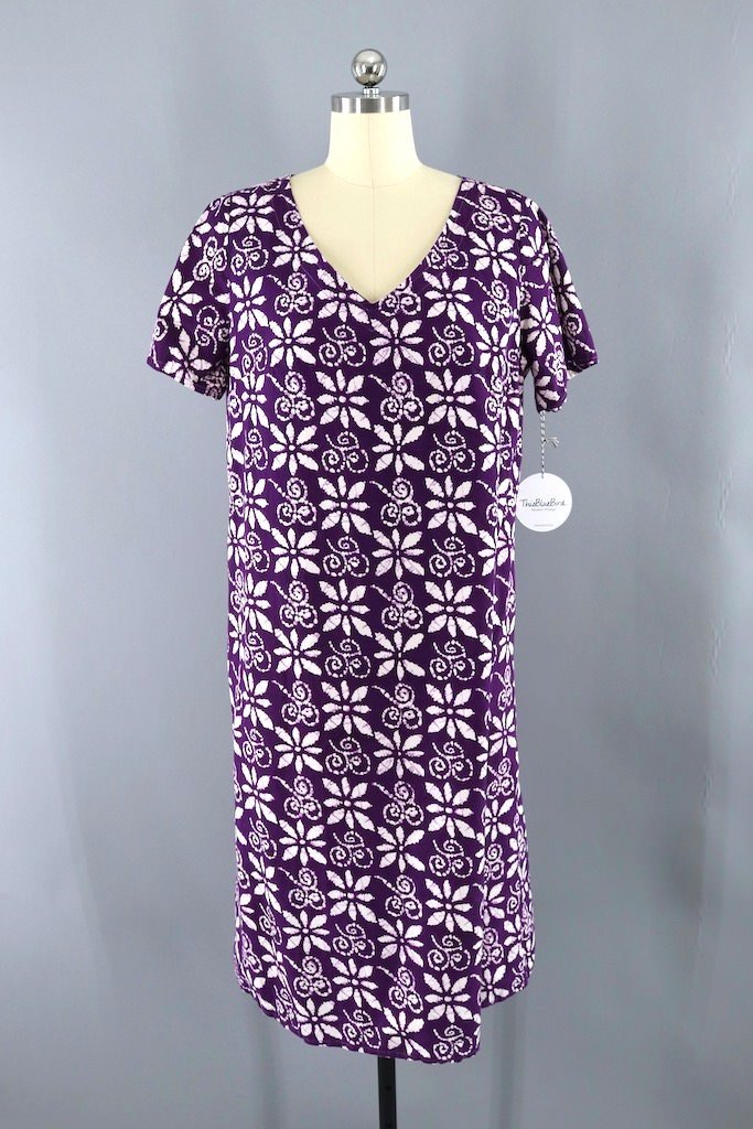 Vintage Purple Batik Cotton Caftan Dress-ThisBlueBird - Modern Vintage