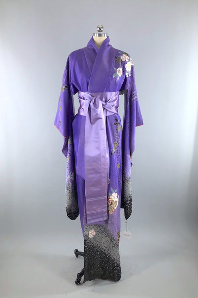 Vintage Purple & Black Metallic Silk Kimono Robe-ThisBlueBird - Modern Vintage