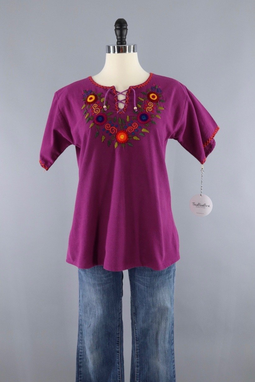 Vintage Purple Cotton Embroidered Tunic Blouse - ThisBlueBird