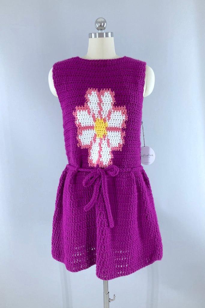 Vintage Purple Daisy Crochet Tunic Dress-ThisBlueBird