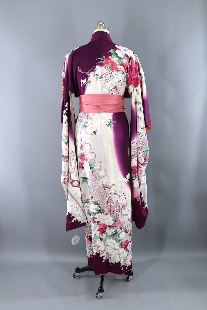 Vintage Purple Floral Furisode Kimono-ThisBlueBird - Modern Vintage