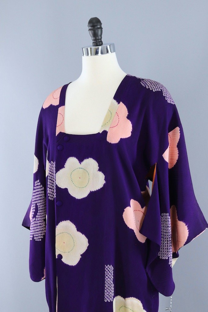 Vintage Purple Floral Silk Kimono Cardigan-ThisBlueBird