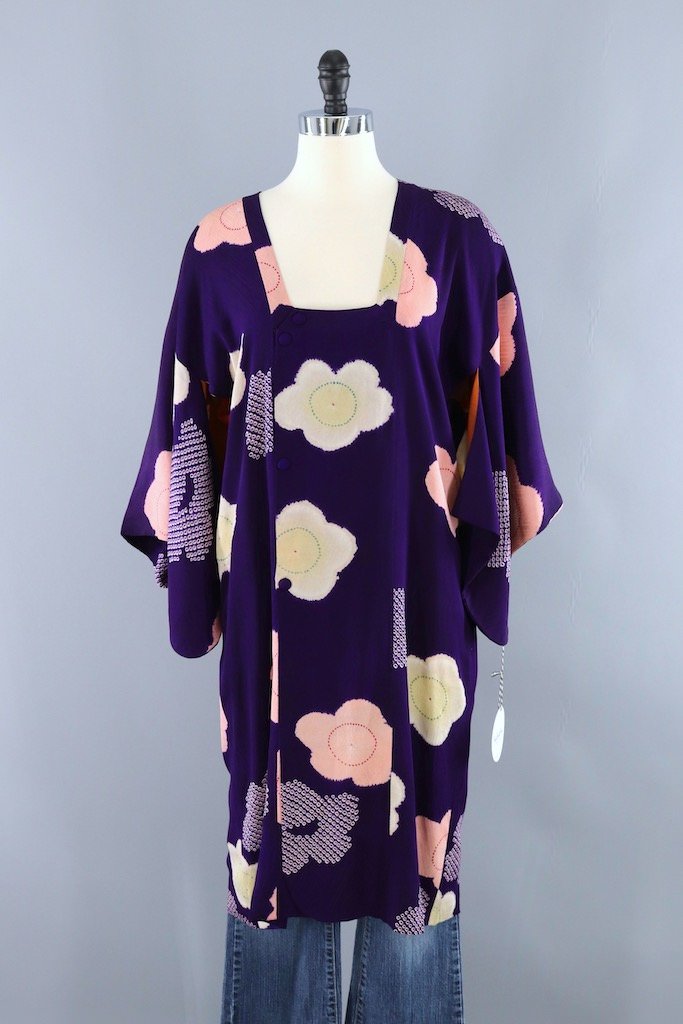 Vintage Purple Floral Silk Kimono Cardigan-ThisBlueBird