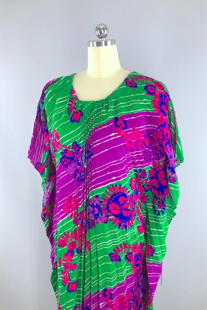 Vintage Purple & Green Floral Caftan Dress-ThisBlueBird - Modern Vintage