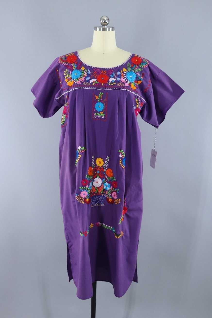 Vintage Purple Mexican Oaxacan Embroidered Caftan Dress - ThisBlueBird