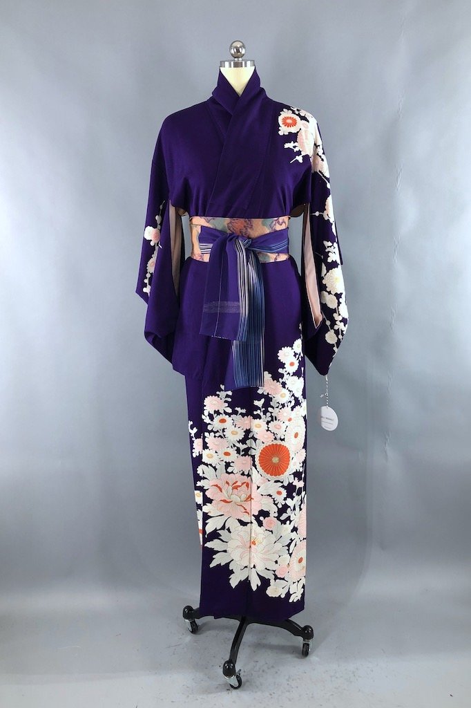 Vintage Purple & Orange Floral Silk Kimono Robe-ThisBlueBird - Modern Vintage