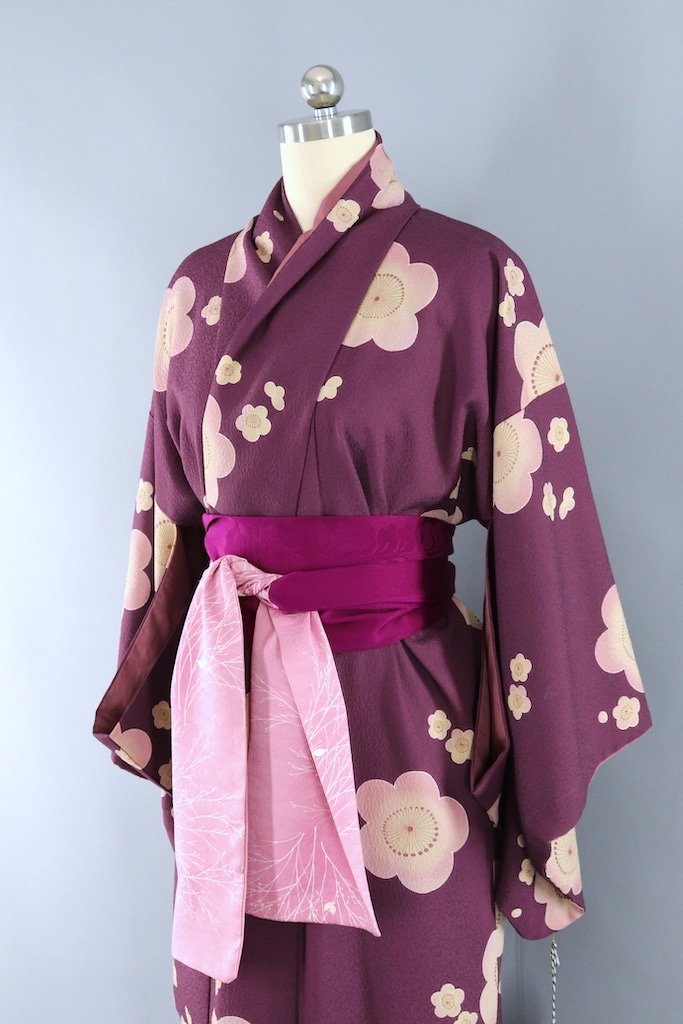 Vintage Purple & Pink Floral Silk Kimono Robe-ThisBlueBird - Modern Vintage