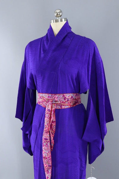 Vintage Purple Silk Kimono with Sheer Bird Pattern-ThisBlueBird - Modern Vintage