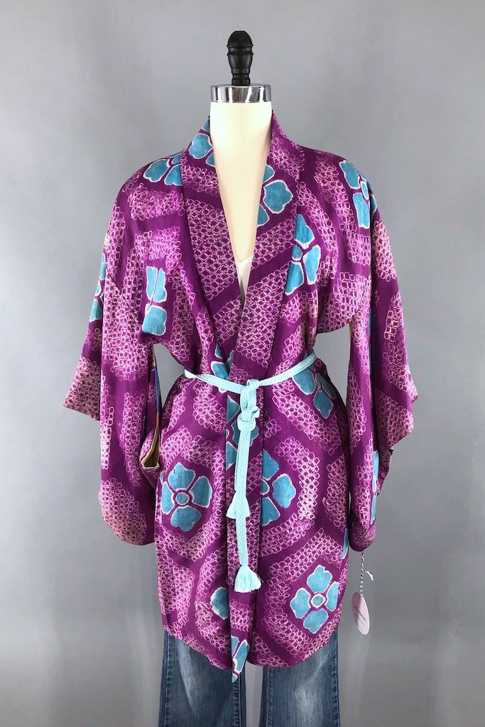 Vintage Purple Silk Shibori Kimono Cardigan-ThisBlueBird - Modern Vintage