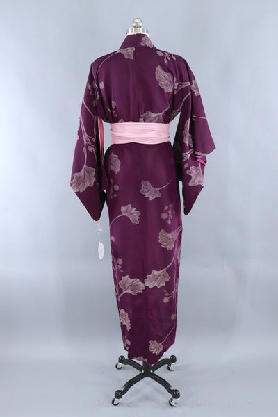 Vintage Purple Silver Floral Silk Kimono Robe-ThisBlueBird - Modern Vintage