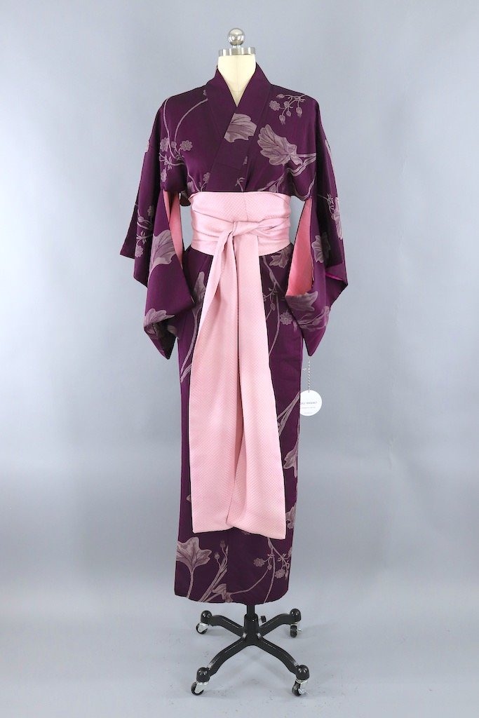 Vintage Purple Silver Floral Silk Kimono Robe-ThisBlueBird - Modern Vintage
