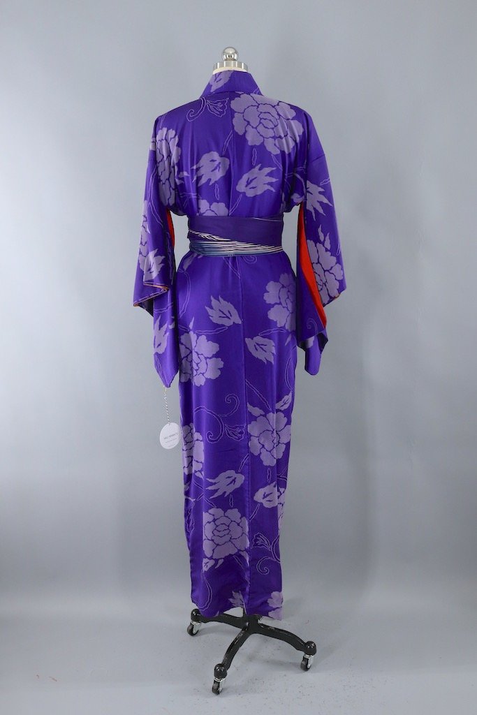 Vintage Purple Silver Peony Silk Kimono Robe-ThisBlueBird - Modern Vintage