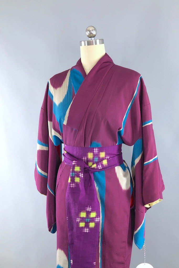 Vintage Purple & Turquoise Silk Kimono Robe-ThisBlueBird - Modern Vintage
