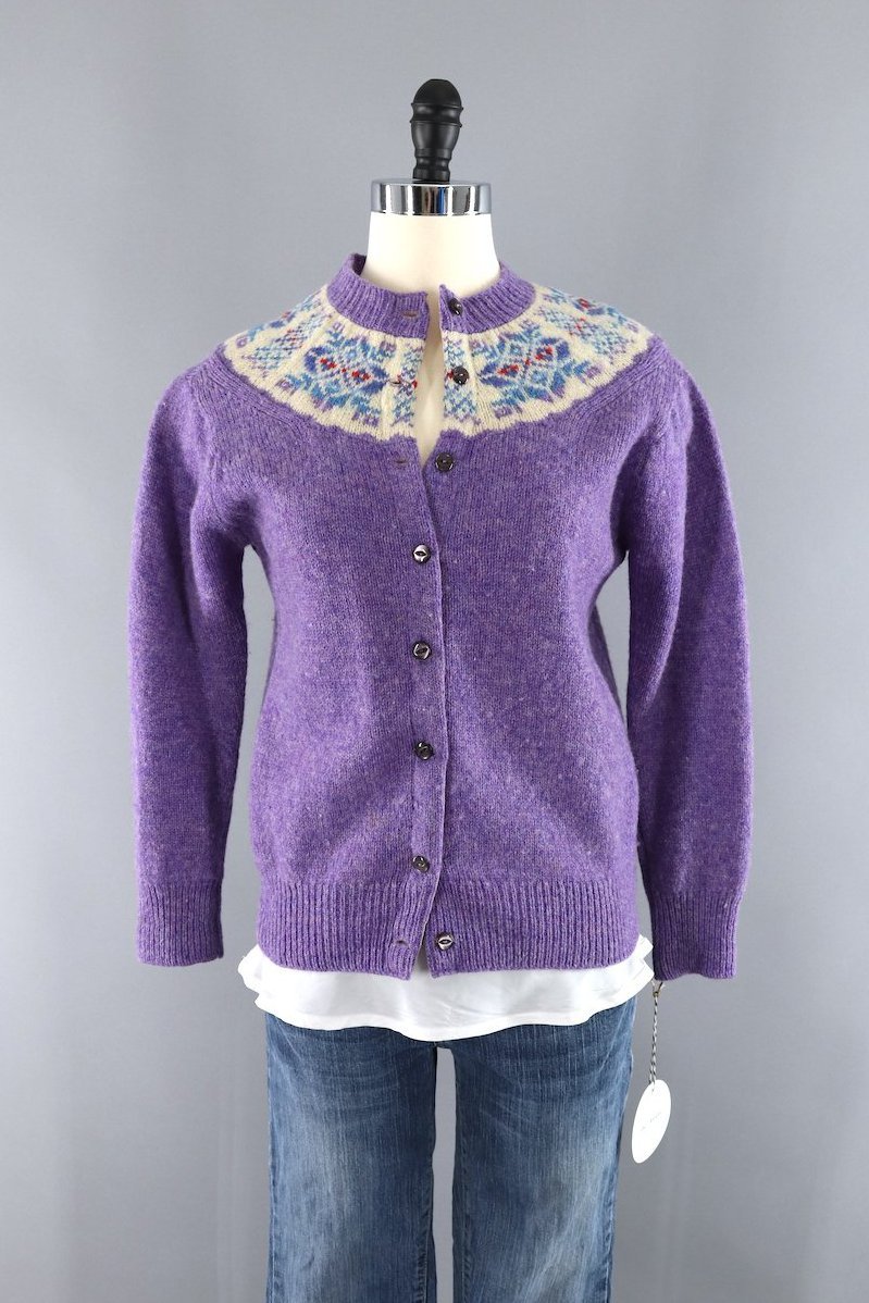 Vintage Purple Wool Fair Isle Cardigan Sweater Shetland Scotland - ThisBlueBird