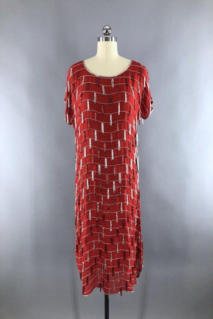 Vintage Red Beaded Silk Chiffon Flapper Dress - ThisBlueBird