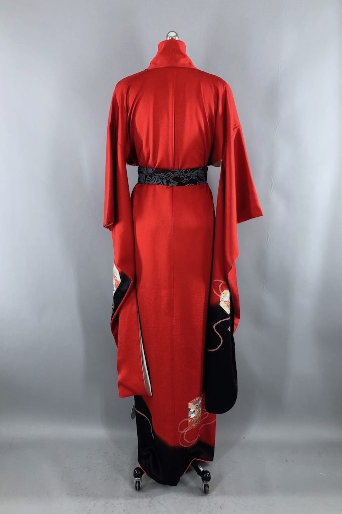 Vintage Red &amp; Black Silk Kimono Robe-ThisBlueBird - Modern Vintage