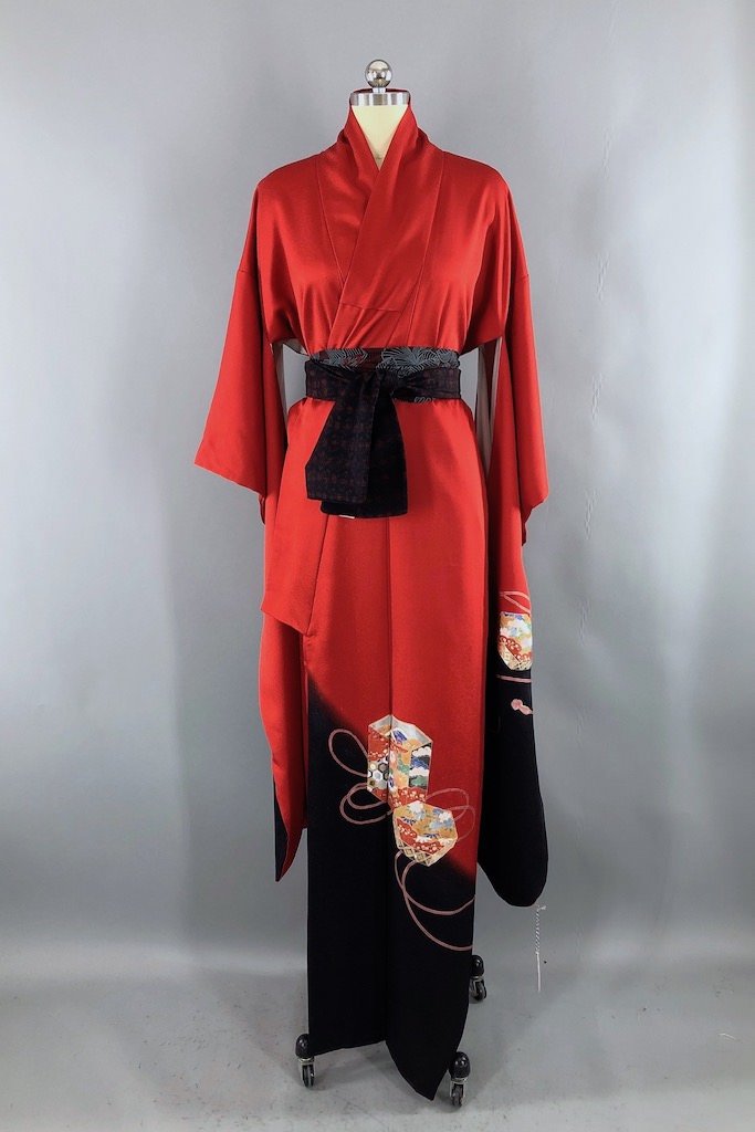 Vintage Red &amp; Black Silk Kimono Robe-ThisBlueBird - Modern Vintage