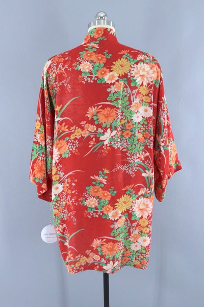 Vintage Red Floral Print Rayon Short Robe-ThisBlueBird - Modern Vintage