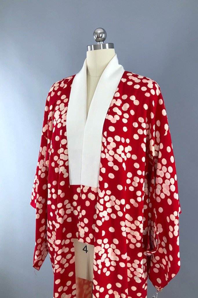 Vintage Red Floral Print Silk Kimono Robe-ThisBlueBird - Modern Vintage