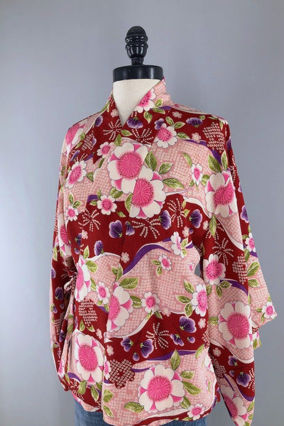 Vintage Red Floral Shibori Silk Kimono Cardigan-ThisBlueBird - Modern Vintage
